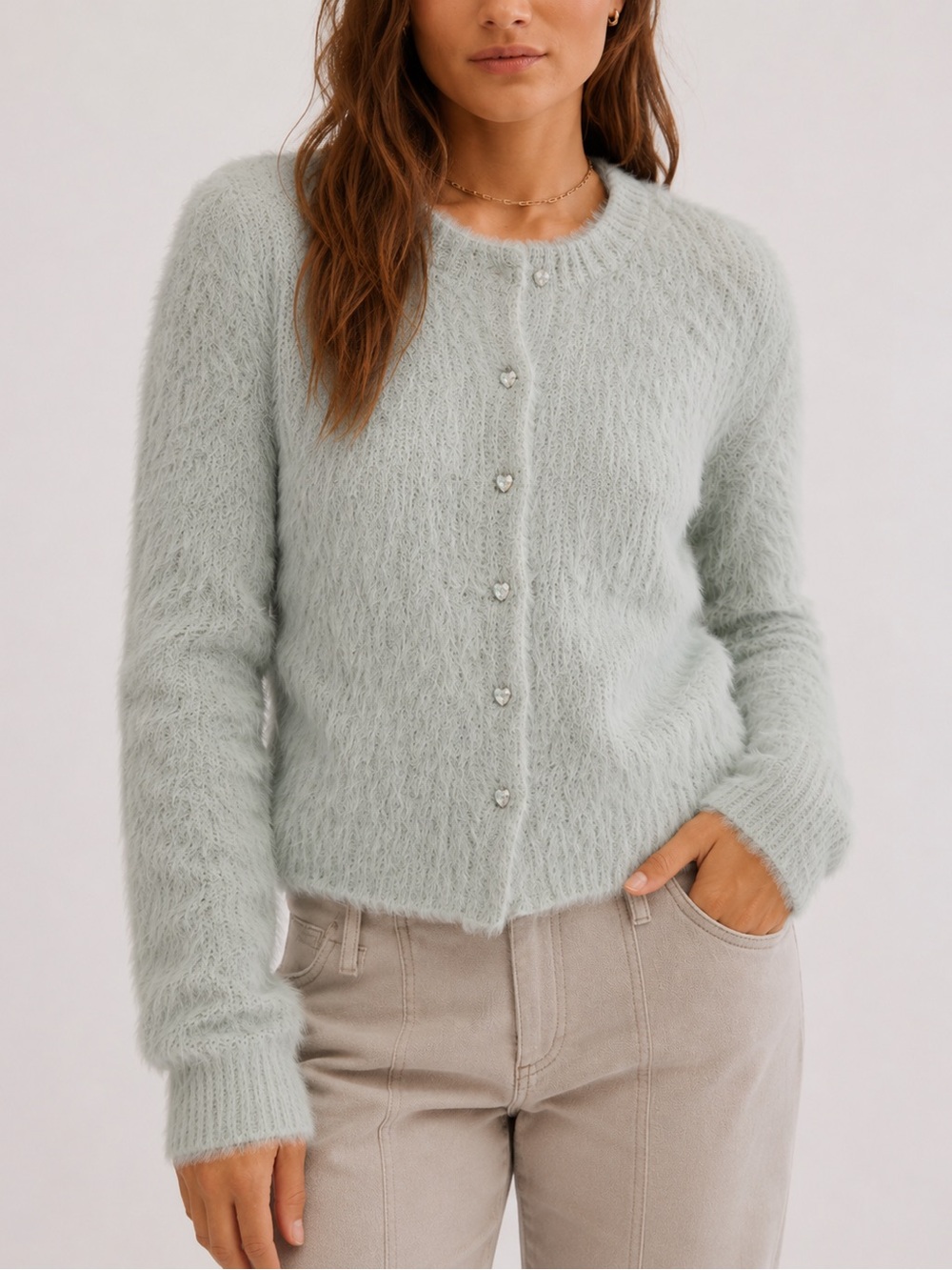 Free People Celeste Fuzzy Knit Cardigan Heart Crystal Buttons Mint Green Medium